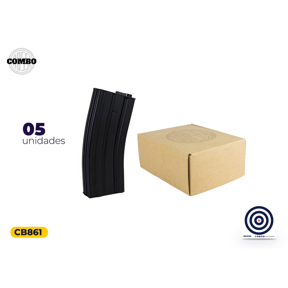 Caixa 5 Magazines Hi-Cap Metal M4 300 BBs Rossi